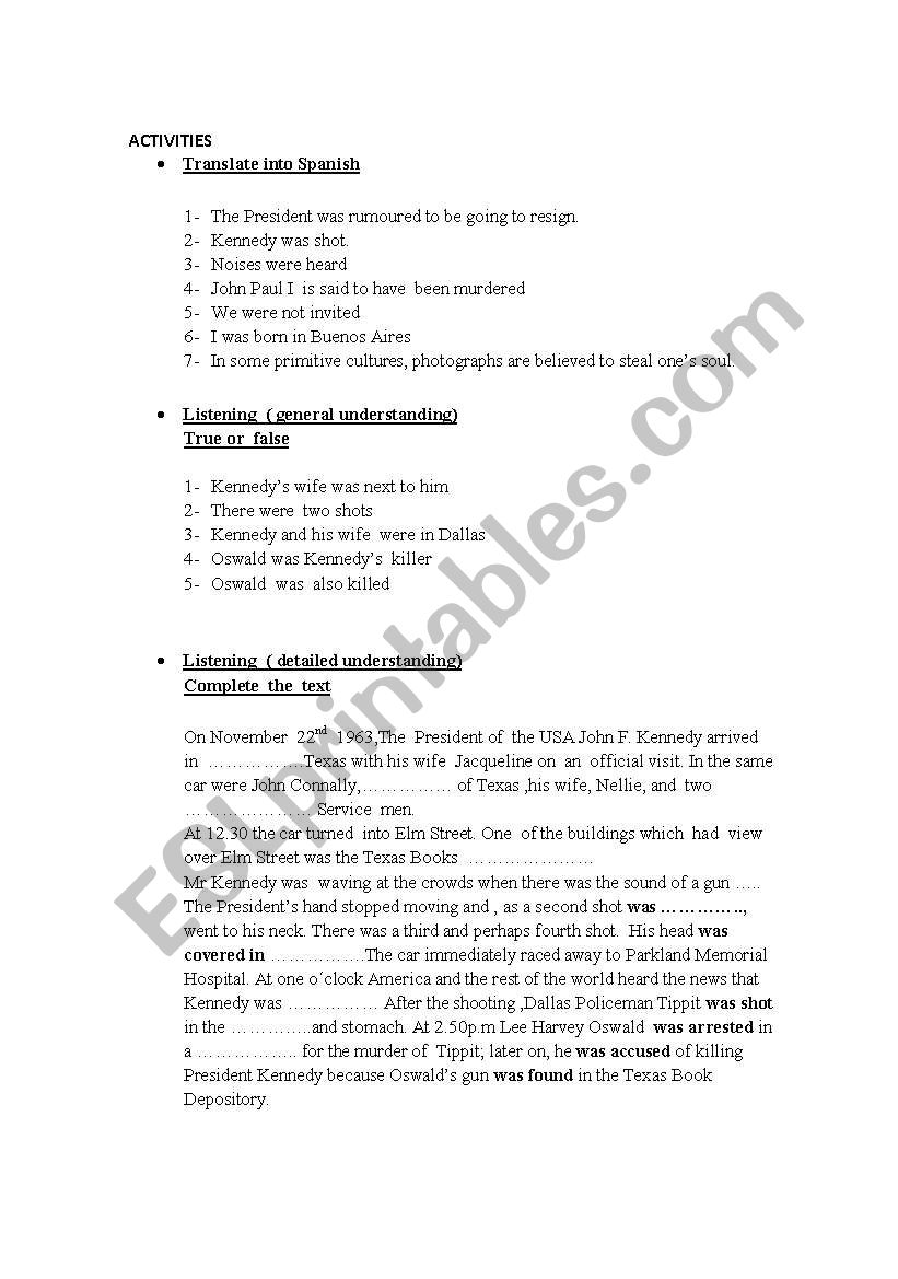 Kennedy`s assassination worksheet